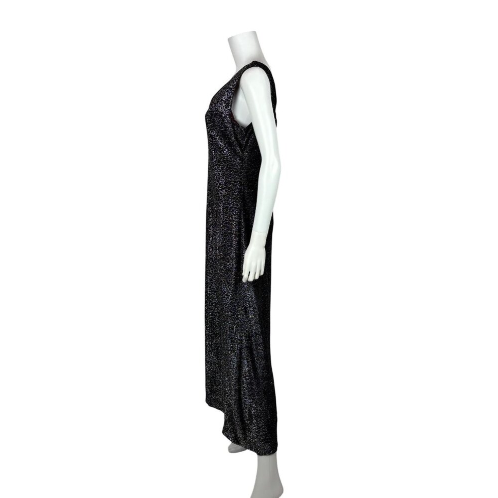 Vintage 70s Metallic Dress Womens Large Black Silver Lurex V Neck Midi Evening P - Picture 7 of 10